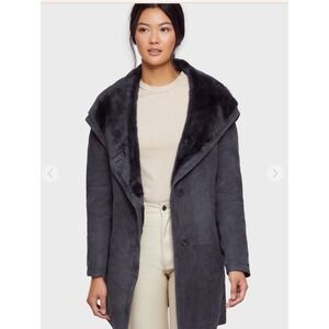 Overland Sheepskin Hooded Coat Womens SZ Small Gray Shearling Fur Lined Leather